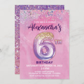 Rainbow Foil Balloon Girl 6. Geburtstag Einladung (Vorne/Hinten)