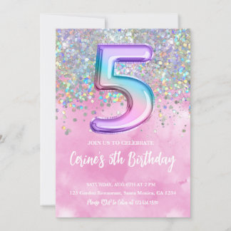 Rainbow Foil Girl 5. Geburtstag Einladung