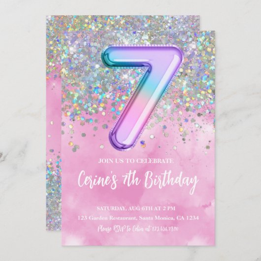 Rainbow Foil Girl 7. Geburtstag Einladung (Vorne/Hinten)