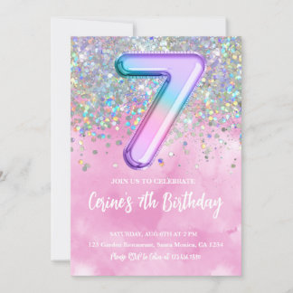 Rainbow Foil Girl 7. Geburtstag Einladung
