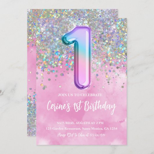 Rainbow Foil Girl Einladung (Vorne/Hinten)