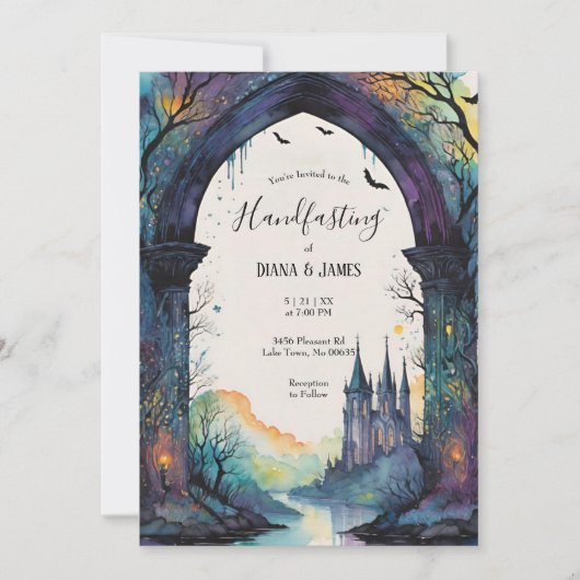 Rainbow Forest Castle Arch Pagan Handfasts Einladung (Vorderseite)