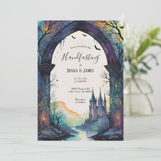 Rainbow Forest Castle Arch Pagan Handfasts Einladung (Stehend Vorderseite)