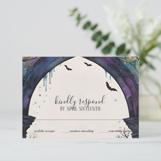Rainbow Forest Castle Arch Pagan Handfasts RSVP Karte (Stehend Vorderseite)