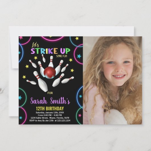 Rainbow Foto Bowling Birthday Einladung (Vorderseite)
