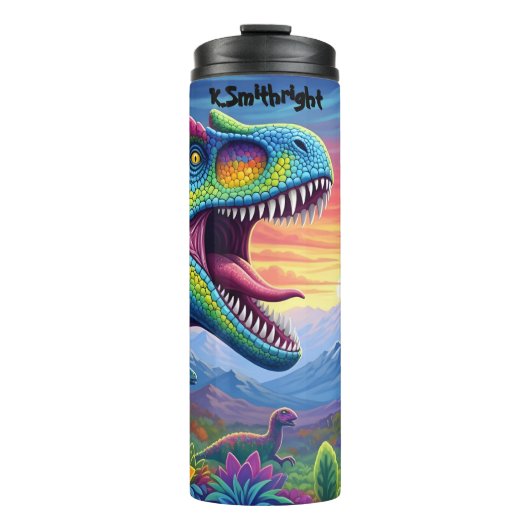Rainbow Frilled Dinosaur Sunset Valley Thermosbecher (Vorderseite)