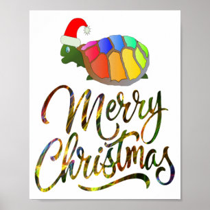 Rainbow Funny Turtle Wear Weihnachtsmannmütze Weih Poster