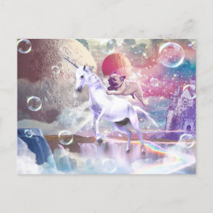 Rainbow-Galaxie-Mops, der im Weltraum einhorn reit Postkarte