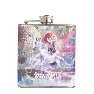 Rainbow Galaxy Katze, die im Weltraum einhorn reit Flachmann