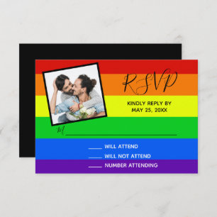 Rainbow Gay Pride Couple Foto Striping Wedding RSVP Karte