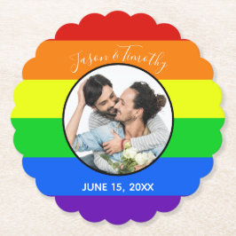 Rainbow Gay Pride Custom Couple Foto Bold Wedding Untersetzer