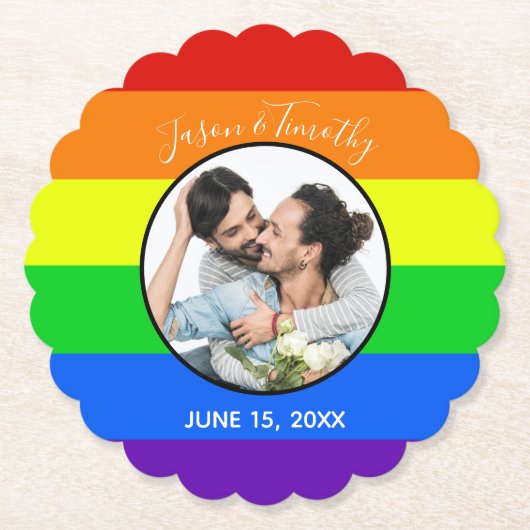 Rainbow Gay Pride Custom Couple Foto Bold Wedding Untersetzer (Vorderseite)