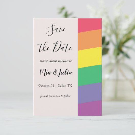 Rainbow Gay Pride Einfach Elegant Minimalistisches Save The Date (Stehend Vorderseite)