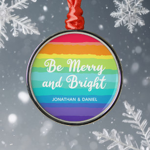 Rainbow Gay Pride Merry & Bright Custom Christmas Ornament Aus Metall
