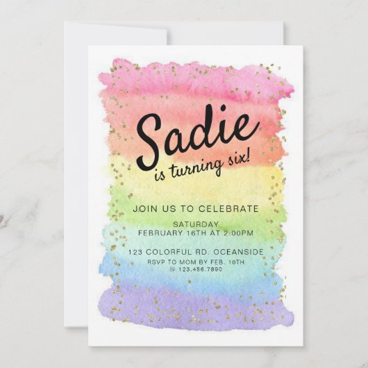 RAINBOW GEBURTSTAG, JEDES ALTER, MÄDCHEN PARTY EINLADUNG (Vorderseite)