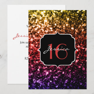 Rainbow gelbe lila Glitzern Sweet 16 Einladung
