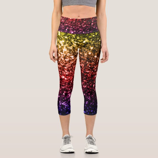 Rainbow-gelbe rote lila Imitate Glitzer Glitzern Capri Leggings (Vorderseite)