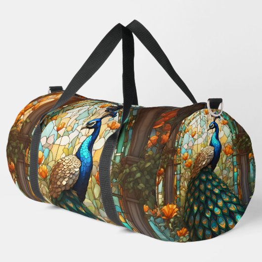 Rainbow-gestanztes Glass Peacock Große Duffel-Tasc Duffle Bag (Linke Ecke)