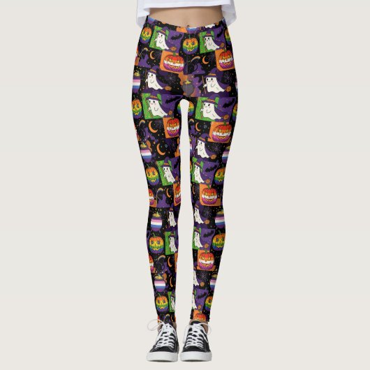 Rainbow Ghost und Pumpkin Prius Halloween Leggings (Vorderseite)