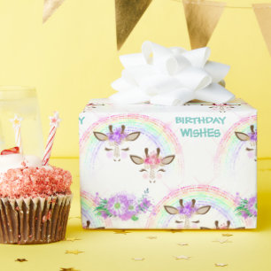 Rainbow Giraffe Faces Birthday Geschenkpapier