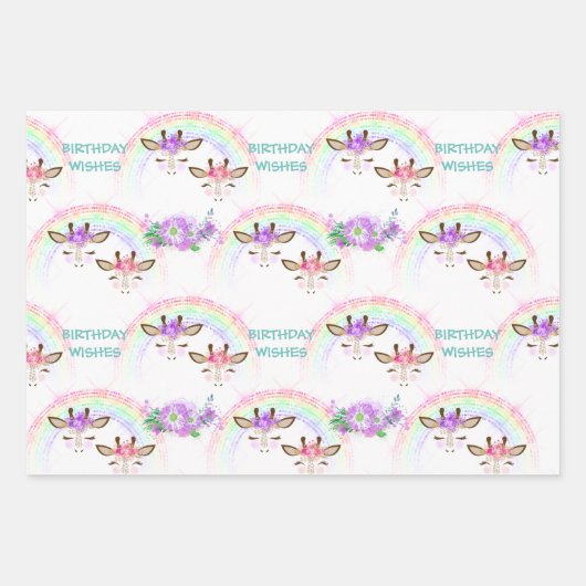 Rainbow Giraffe Faces Birthday Geschenkpapier Set (Vorderseite)