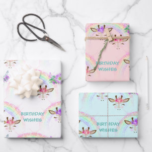 Rainbow Giraffe Faces Birthday Geschenkpapier Set