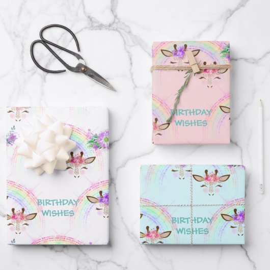 Rainbow Giraffe Faces Birthday Geschenkpapier Set (Vorderseite)