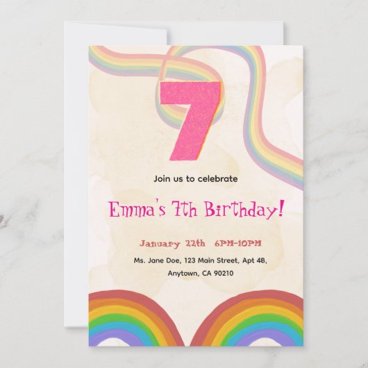 Rainbow Girl 7th Birthday Invitation Einladung (Vorderseite)