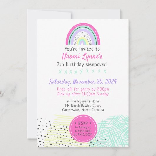 Rainbow Girl 90's Birthday Sleepover Kawaii Party Einladung (Vorderseite)