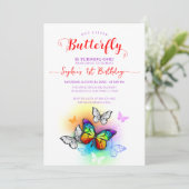 Rainbow Girl Butterfly 1. Geburtstag Einladung (Stehend Vorderseite)