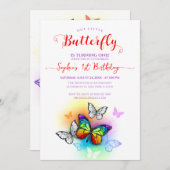 Rainbow Girl Butterfly 1. Geburtstag Einladung (Vorne/Hinten)