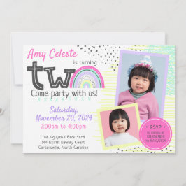 Rainbow Girl's 2. Geburtstag Kawaii Doodles 2-Foto Einladung