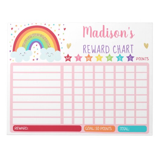 Rainbow Girls Rewards Chart Chore Chart Pink Gold Notizblock (Vorderseite)