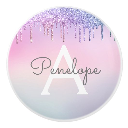 Rainbow-Glam-Glitzer-Tropfen mit Monogramm Keramikknauf (Vorderseite)