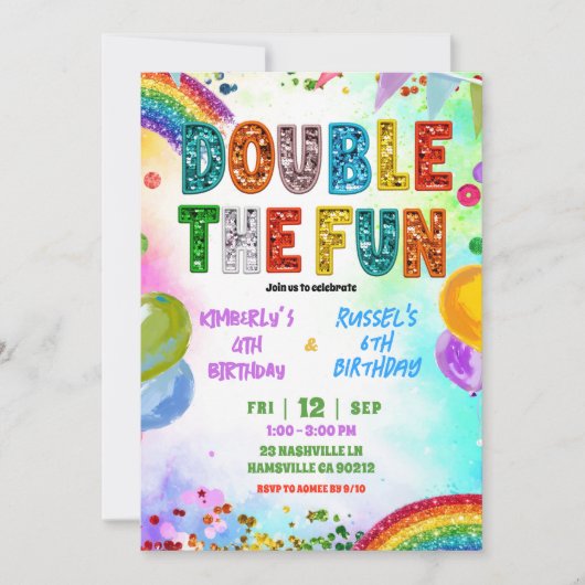 Rainbow Glitter Sequin Sibling Birthday Invitation Einladung (Vorderseite)