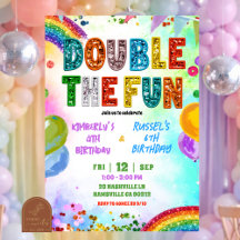 Rainbow Glitter Sequin Sibling Birthday Invitation