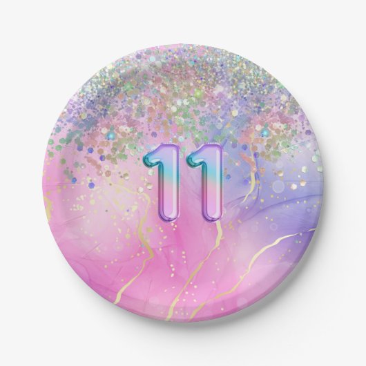 Rainbow Glitzer 11. Geburtstagsparty Pappteller (Vorderseite)