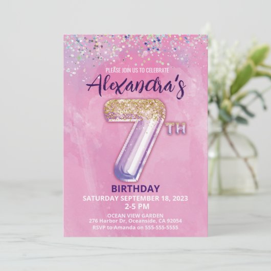 Rainbow Glitzer 7th Birthday Girl Party Einladung (Stehend Vorderseite)