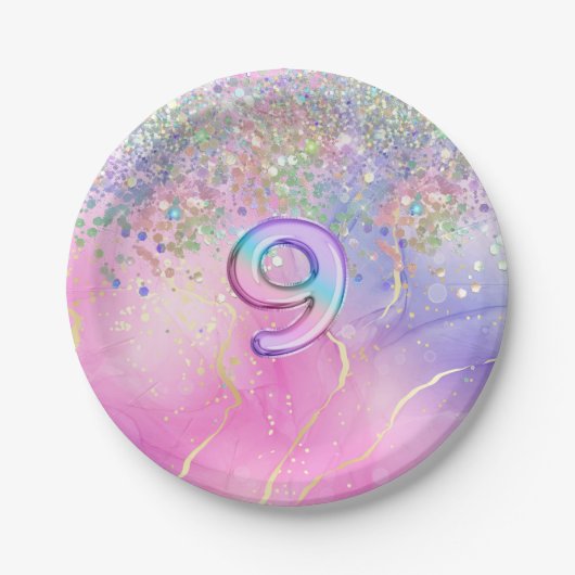 Rainbow Glitzer 9. Geburtstagsparty Pappteller (Vorderseite)
