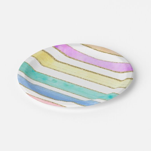 Rainbow Glitzer Aquarellstreifen Party Teller (Schrägansicht)