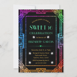 Rainbow Glitzer Art Deco Vintager Rahmen Sweet 16 Einladung