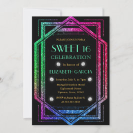 Rainbow Glitzer Art Deco Vintager Rahmen Sweet 16 Einladung