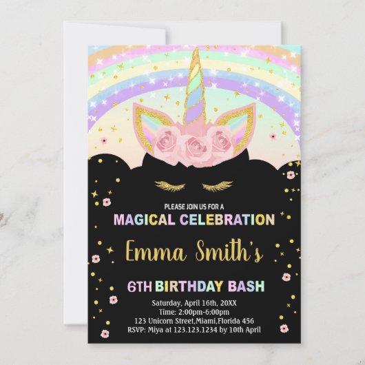Rainbow Glitzer Black Unicorn Einladung zum Geburt (Vorderseite)