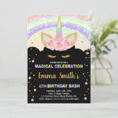 Rainbow Glitzer Black Unicorn Einladung zum Geburt (Stehend Vorderseite)