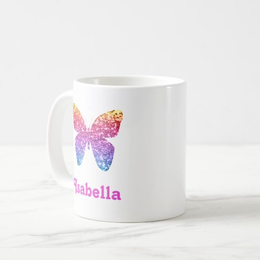 Rainbow Glitzer Butterfly Niedlich Girl Personalis Kaffeetasse (Vorderseite Links)