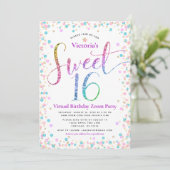Rainbow Glitzer Confetti Virtual Sweet 16 Geburtst Einladung (Stehend Vorderseite)