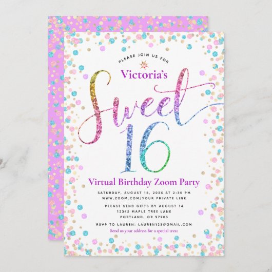 Rainbow Glitzer Confetti Virtual Sweet 16 Geburtst Einladung (Vorne/Hinten)