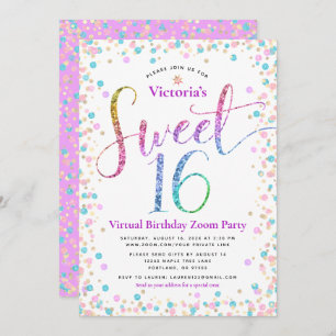 Rainbow Glitzer Confetti Virtual Sweet 16 Geburtst Einladung