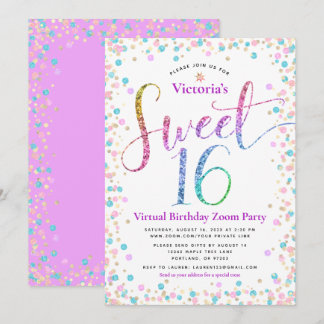 Rainbow Glitzer Confetti Virtual Sweet 16 Geburtst Einladung