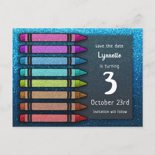Rainbow Glitzer Crayon Niedlich Save the Date Gebu Ankündigungspostkarte (Vorderseite)